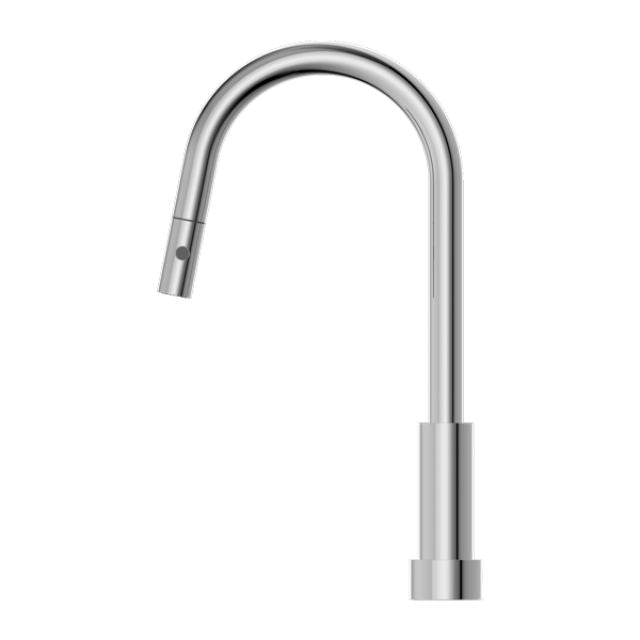 Nero Kara pull out kitchen mixer tap in chrome, curved high-arc spout with cylindrical base, front view