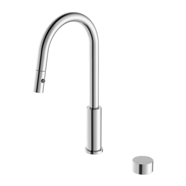 Nero Kara chrome pull-out kitchen mixer tap with curved gooseneck spout and separate round handle on white background