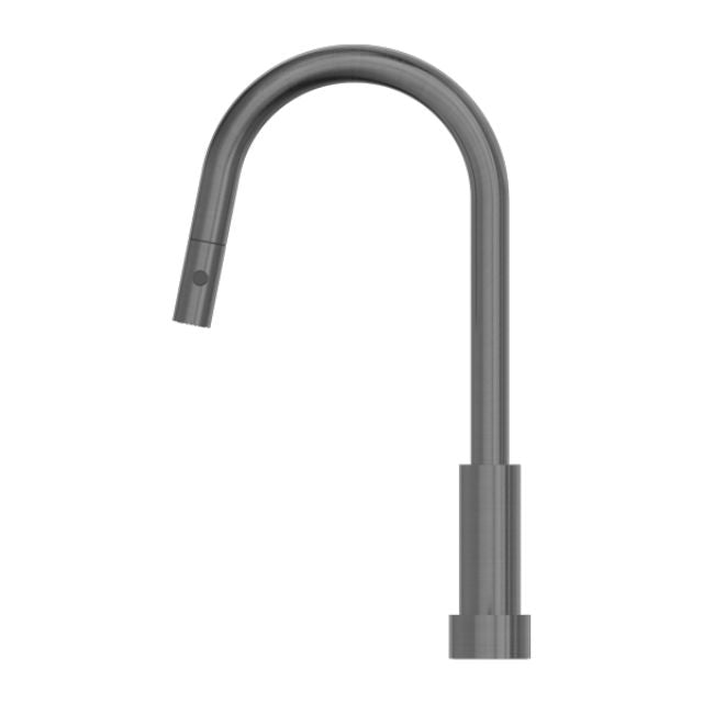 Nero Kara pull out kitchen mixer tap in gunmetal, curved gooseneck spout with single lever base, front view