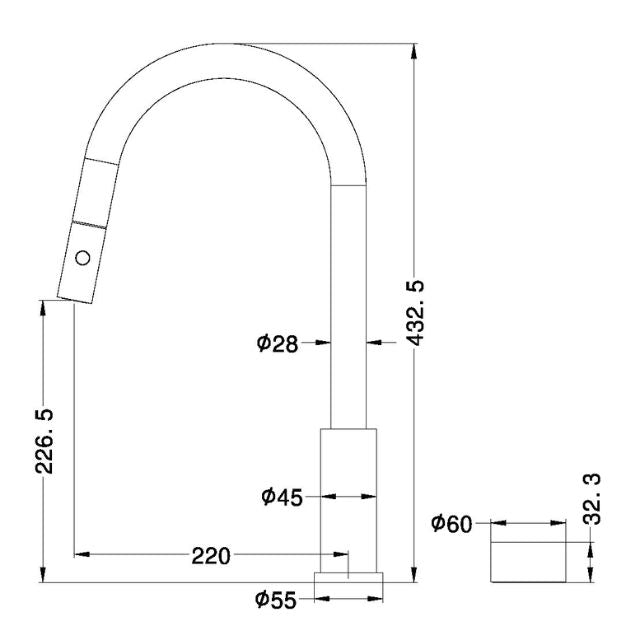 Nero Kara progressive pull out kitchen tap technical drawing in gun metal, showing dimensions and side view.