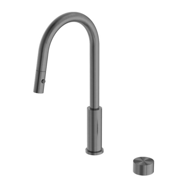 Nero Kara pull out kitchen mixer tap in gun metal, with curved gooseneck spout and separate handle