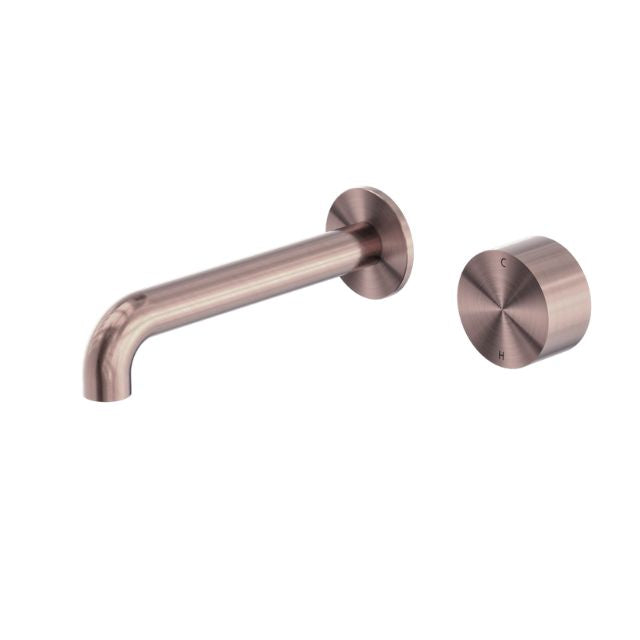 Nero Kara wall basin/bath mixer set in brushed bronze with round wall spout and matching progressive control knob