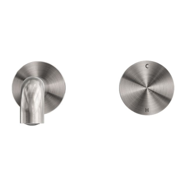 Nero Kara progressive wall basin/bath set in brushed nickel, with round wall plate and spout, front and back view