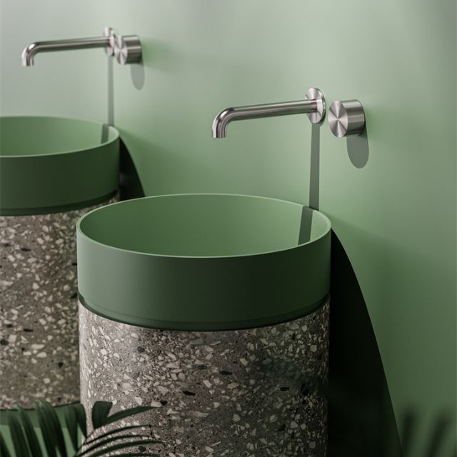Nero Kara chrome wall-mounted progressive basin/bath set with round handle and 120mm spout above green basins