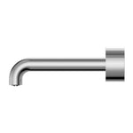 Nero Kara wall-mounted basin/bath spout in chrome, 120mm reach, side view with round backplate