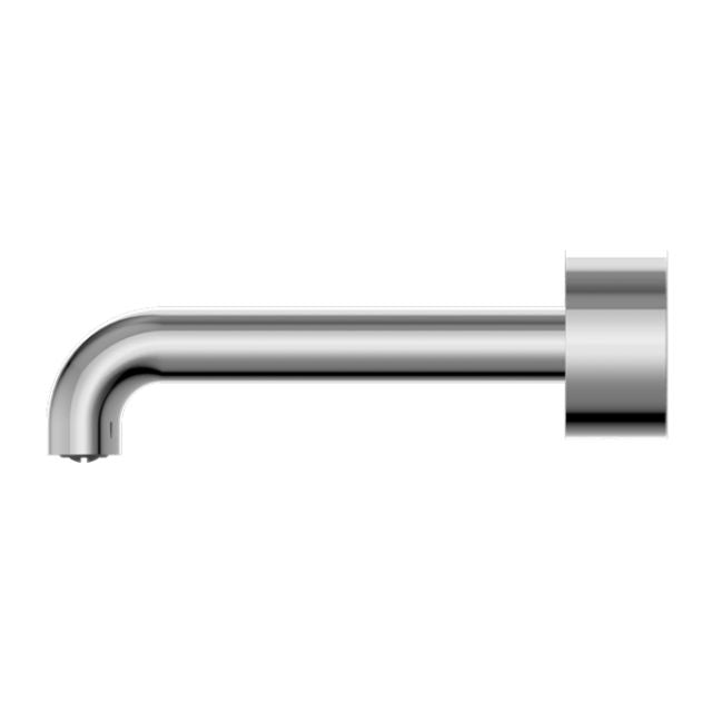 Nero Kara wall-mounted basin/bath spout in chrome, 120mm reach, side view with round backplate