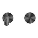 Nero Kara progressive wall basin/bath set in gunmetal, shown front and top views with round wall plates and single spout