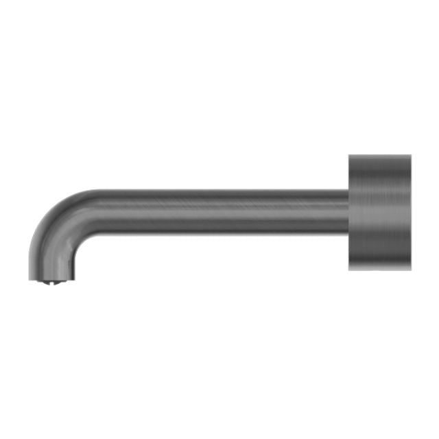 Nero Kara wall-mounted progressive basin/bath spout in gun metal, 120mm, with round cylindrical body and square wall plate
