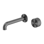 Nero Kara progressive wall basin/bath set in gunmetal, with round wall-mounted spout and matching control handle