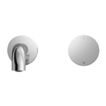 Nero Kara progressive wall basin/bath set in chrome, with round wall plate and 160mm spout, shown front and handle view