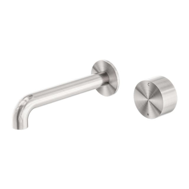 Nero Kara brushed nickel wall basin/bath mixer set with 185mm spout and round progressive handle