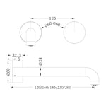 Technical drawing of Nero Kara matte black wall basin/bath set, showing 185mm spout and 120mm centre-to-centre dimensions