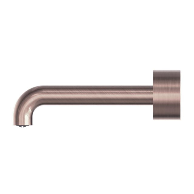 Nero Kara wall basin/bath spout in brushed bronze, 230mm reach, side view with round wall plate