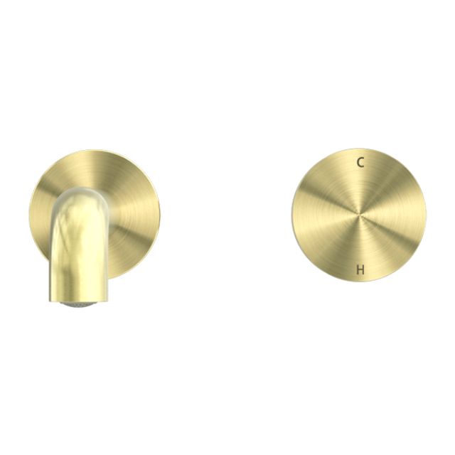 Nero Kara progressive wall basin/bath set in brushed gold, showing the spout and round hot/cold control plate on white background