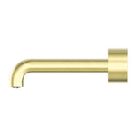 Nero Kara 230mm wall basin/bath spout in brushed gold, shown in side view with round wall plate
