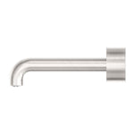 Nero Kara wall-mounted basin/bath spout in brushed nickel, 230mm curved spout, side view on white background
