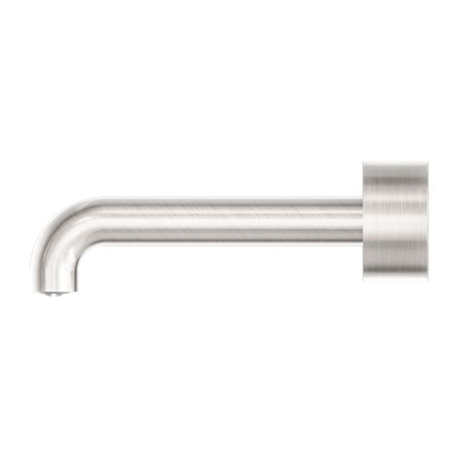 Nero Kara wall-mounted basin/bath spout in brushed nickel, 230mm curved spout, side view on white background