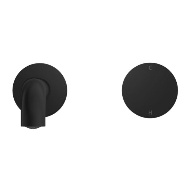 Nero Kara progressive wall basin/bath set in matte black, showing spout front and temperature dial marked C and H.