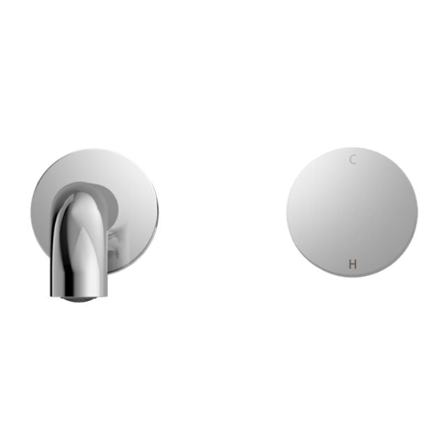 Nero Kara progressive wall basin/bath set in chrome, with round wall plate and short spout, front view with temperature dial detail