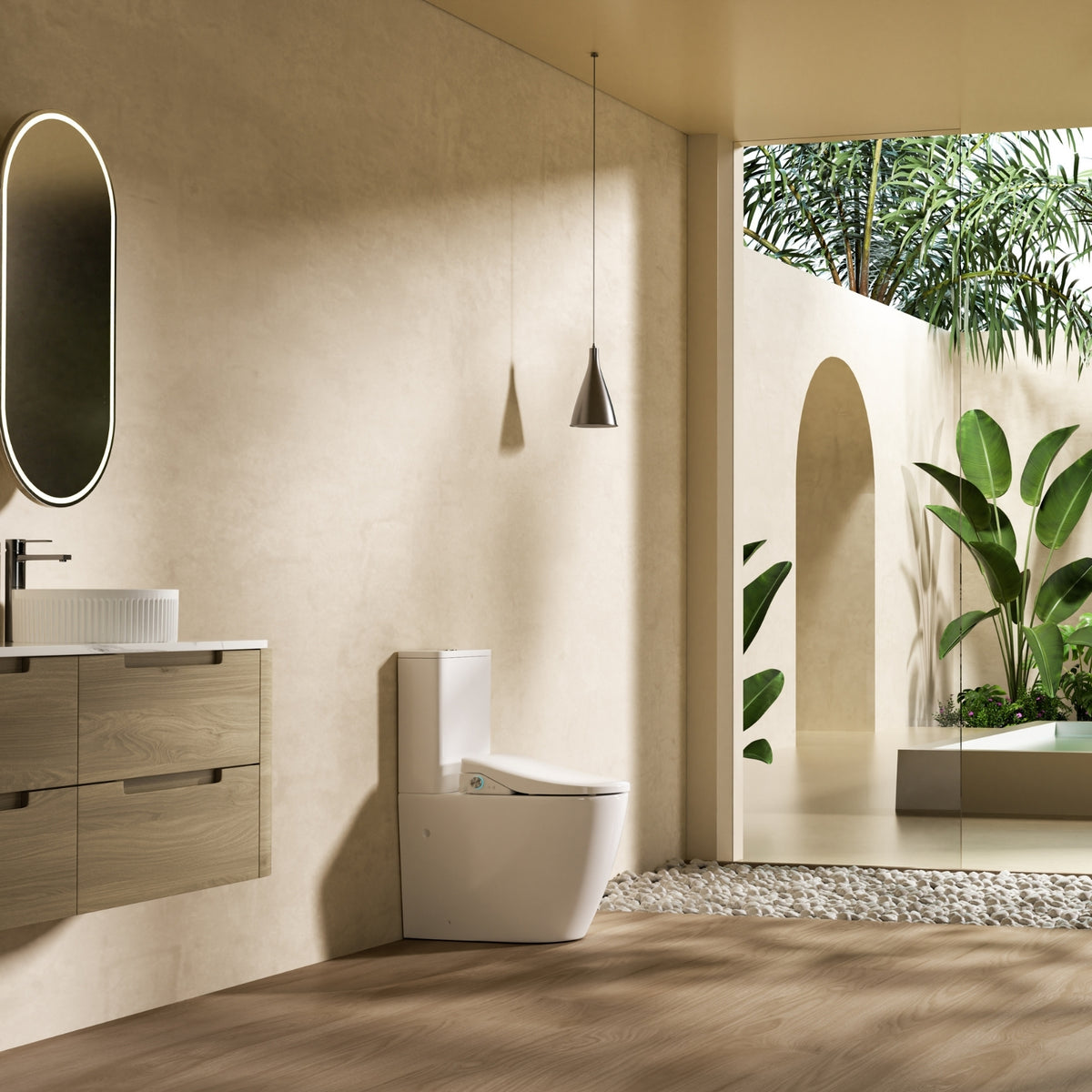 Lafeme white extra-height bidet toilet suite in a modern bathroom, with cistern, seat and wall-mounted vanity
