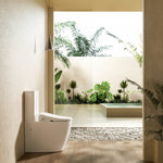 Lafeme Catania white rimless bidet toilet suite, extra-height pan shown in a modern bathroom setting