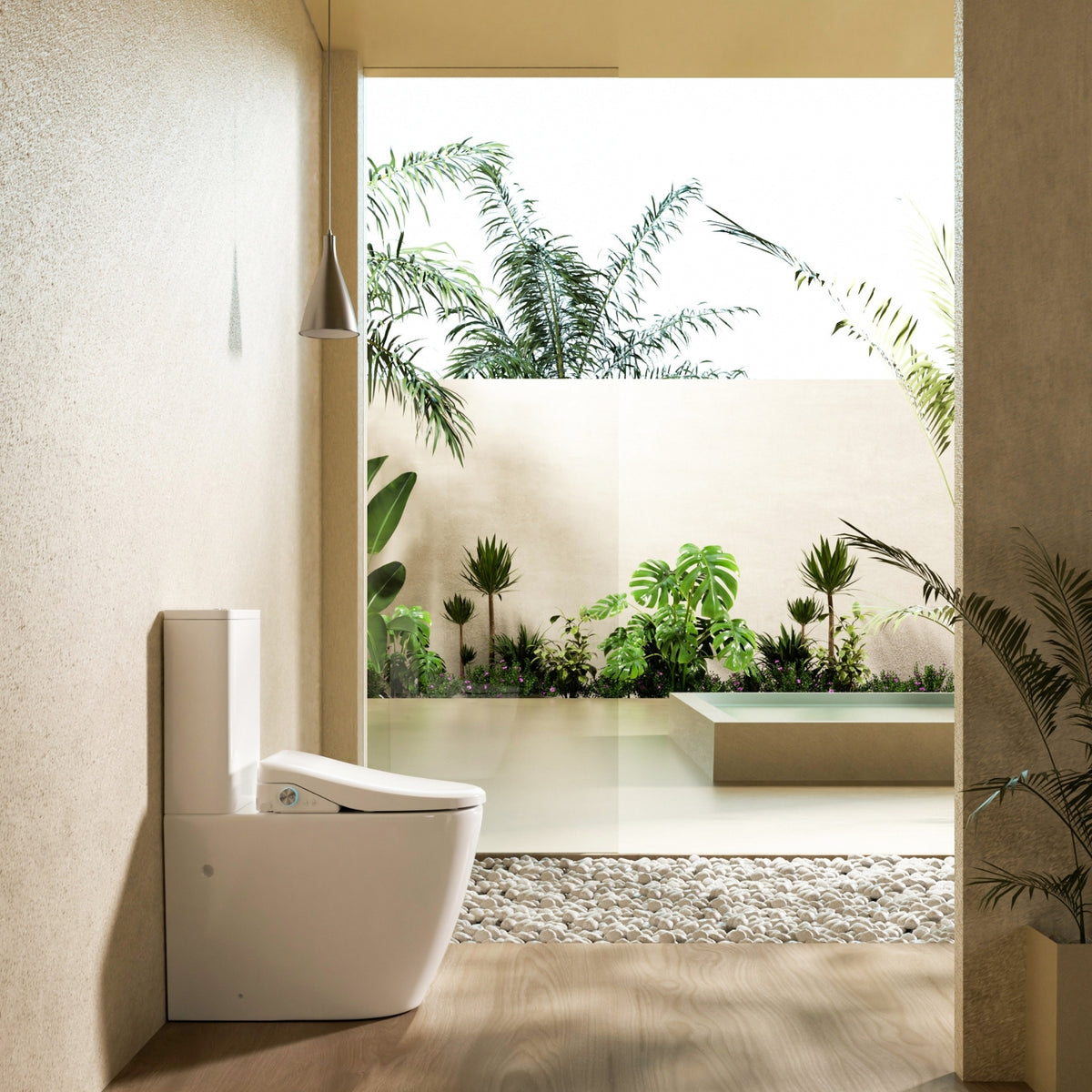 Lafeme Catania white rimless bidet toilet suite, extra-height pan shown in a modern bathroom setting