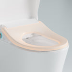 Lafeme Catania white smart bidet toilet suite with heated seat and remote, close-up of the raised toilet seat and rimless pan
