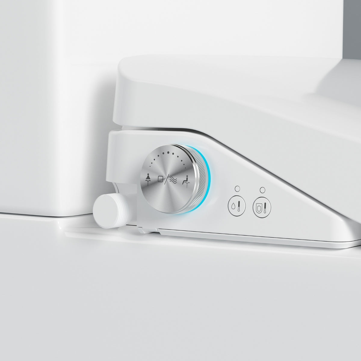 Lafeme Catania bidet toilet suite side detail with control dial, white gloss ceramic finish
