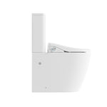 Lafeme Catania white rimless bidet toilet suite in side view, showing extra-height pan and cistern with bidet seat controls