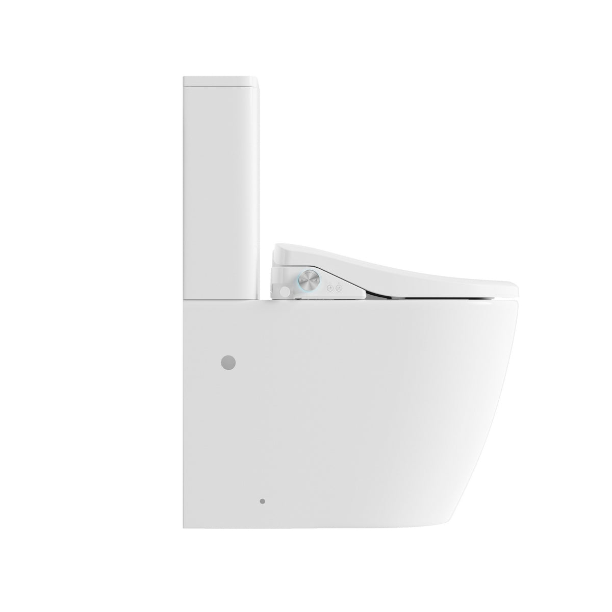 Lafeme Catania white rimless bidet toilet suite in side view, showing extra-height pan and cistern with bidet seat controls