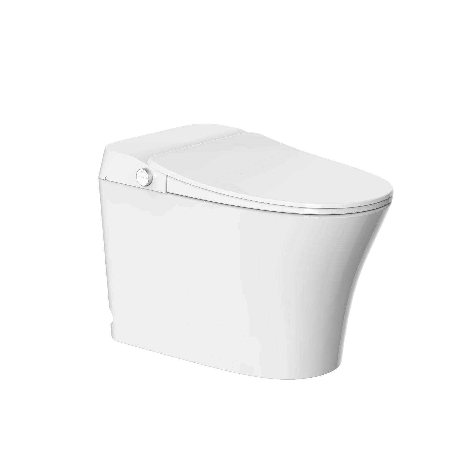 Lafeme Neovanta white smart toilet, side view, tankless floor-mounted design with closed lid and round control button