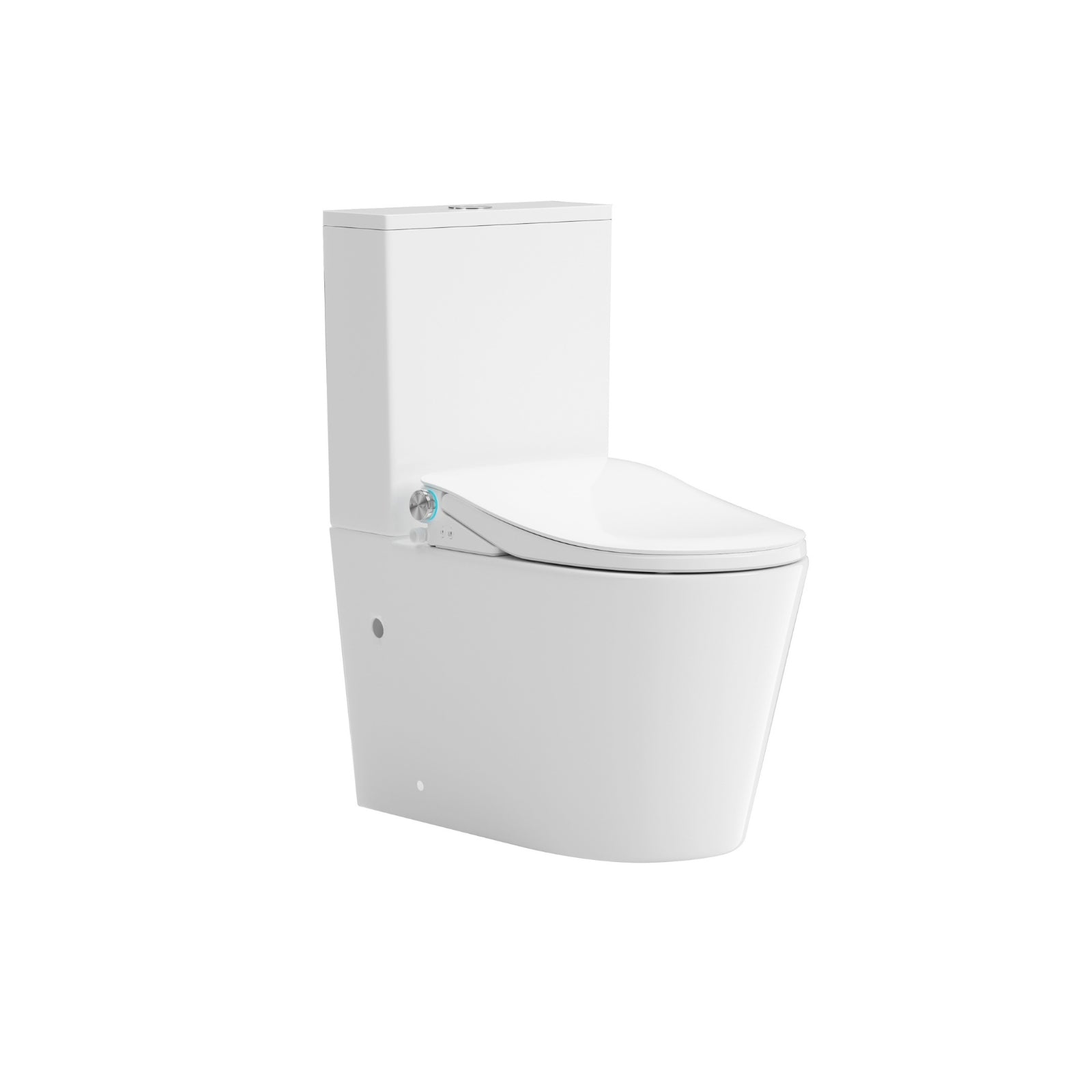 Lafeme Thea rimless bidet toilet suite in gloss white, side view with cistern and closed seat