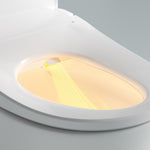 Close-up of white Lafeme bidet toilet seat with warm water wash nozzle and heated seat glow