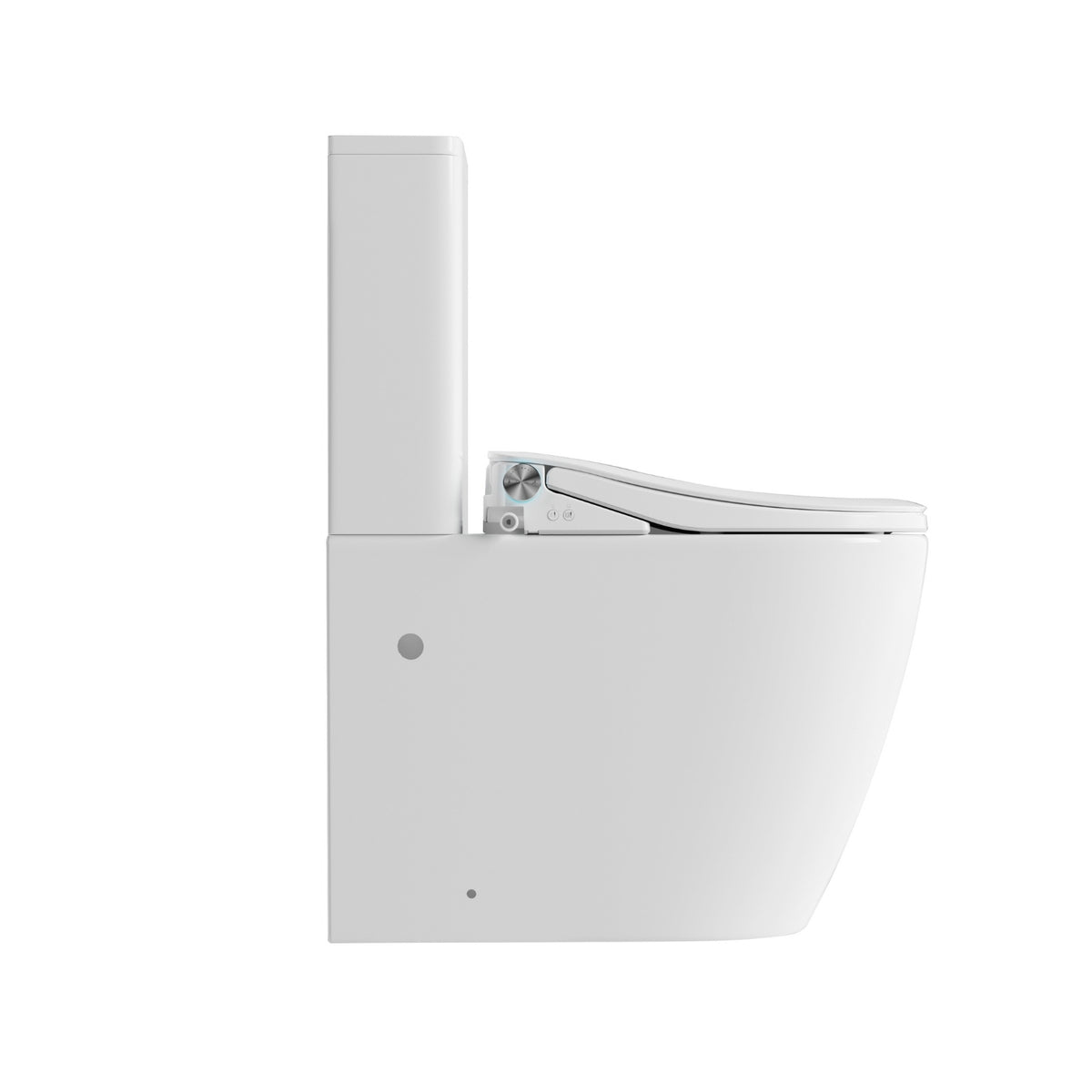 Lafeme Thea extra height bidet toilet suite in gloss white, side view showing tall cistern and slim rimless pan