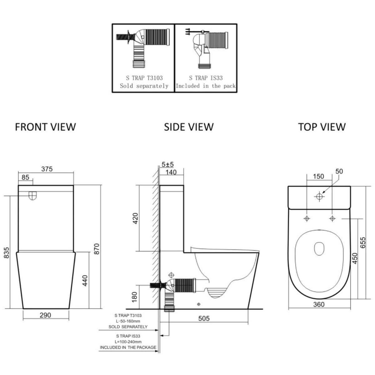 Technical drawing of Lafeme Thea extra height bidet toilet suite, with front, side and top views in white, plus S trap dimensions.