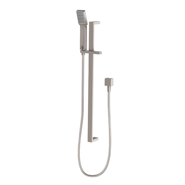 Phoenix Lexi Deluxe rail shower in brushed nickel with square hand piece and hose on vertical rail, front view