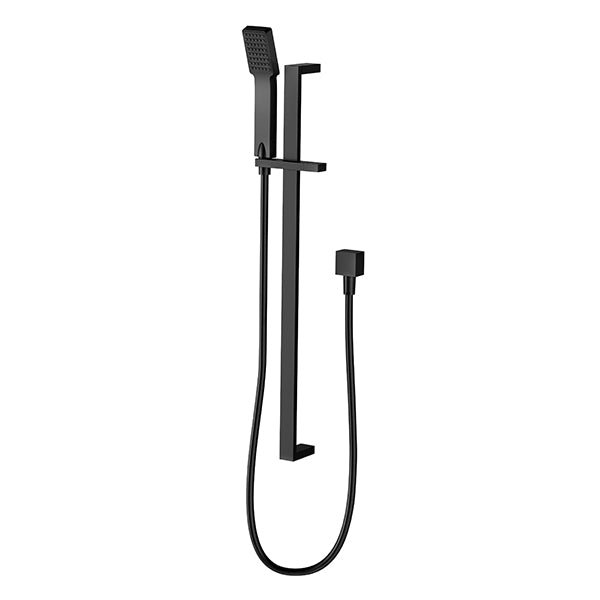 Phoenix Lexi Deluxe rail shower in matte black, with rectangular hand piece, rail, hose and wall bracket on white background