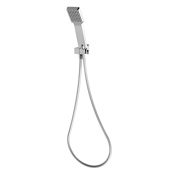 Phoenix Lexi chrome hand shower with rectangular spray head, bracket and flexible hose on white background