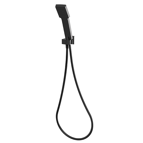 Phoenix Lexi matte black rectangular hand shower with hose and wall bracket on white background