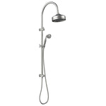 Fienza Lillian multifunction rail shower in brushed nickel, with round overhead rose and handheld on slim rail