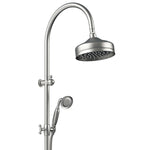 Fienza Lillian twin rail shower in brushed nickel with round overhead rose and handheld spray