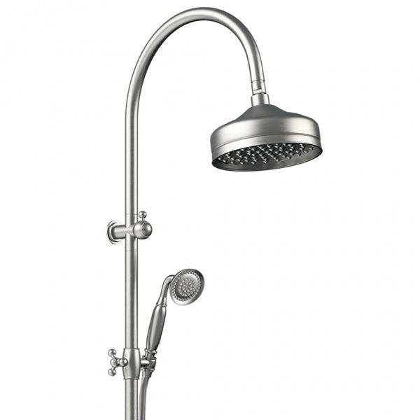 Fienza Lillian twin rail shower in brushed nickel with round overhead rose and handheld spray