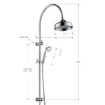 Fienza Lillian multifunction rail shower in brushed nickel, technical drawing showing overhead rose, handheld and adjustable rail dimensions