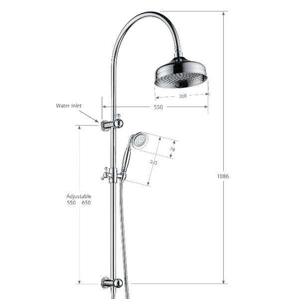 Fienza Lillian multifunction rail shower in brushed nickel, technical drawing showing overhead rose, handheld and adjustable rail dimensions