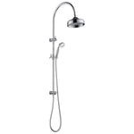 Fienza Lillian chrome multifunction rail shower with overhead rose and handheld on round rail, front view
