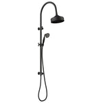 Fienza Lillian multifunction rail shower in matte black with overhead rose and handheld on slim round rail, front view