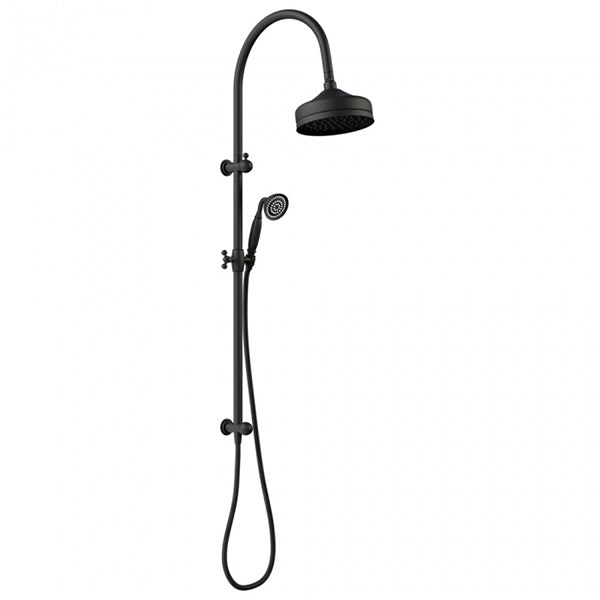 Fienza Lillian multifunction rail shower in matte black with overhead rose and handheld on slim round rail, front view