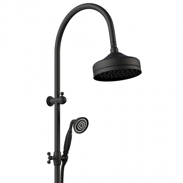 Fienza Lillian matte black twin rail shower with overhead rose and handheld showerhead on round rail