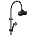 Fienza Lillian matte black twin rail shower with overhead rose and handheld showerhead on round rail