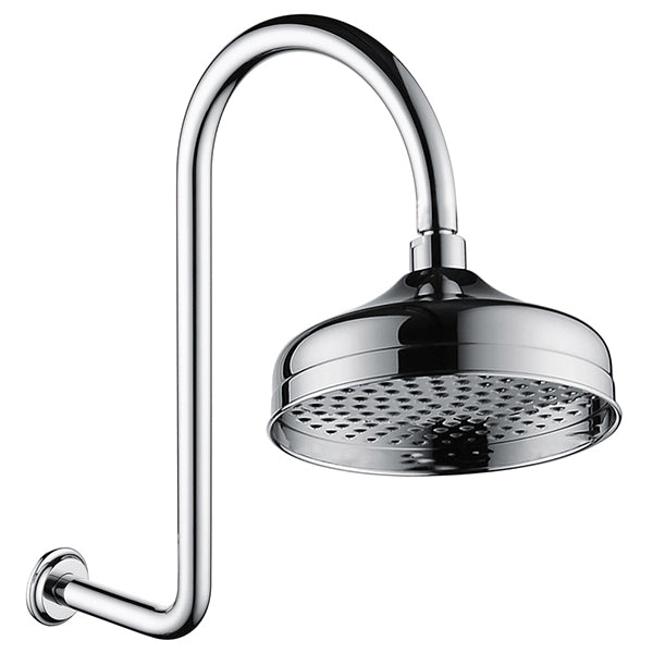 Fienza Lillian chrome wall arm shower set with round rain shower head and curved wall-mounted arm